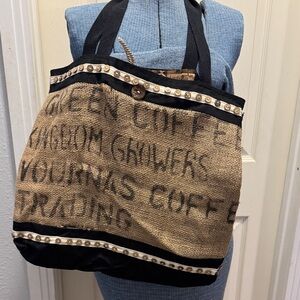 Handcrafted Burlap Tote Bag with Black Accents
